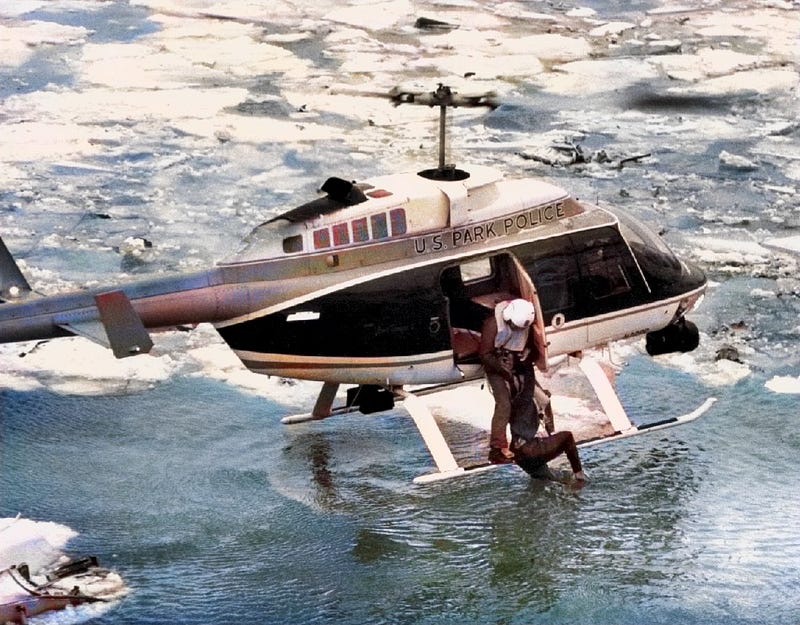 US Park Ranger helicopter rescuing survivors from the Air Florida 90 crash into the Potamac River.  Biography of Dr. Anthony J. Carbone.