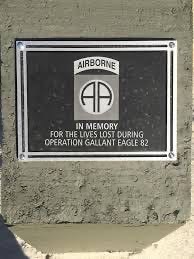 Memorial plaque from Gallant Eagle 82 jump of 3000 82nd Airborne Division paratroopers on March 30, 1982 at Fort Irwin, California that resulted in 4 deaths and 100 injuries.  Biography of Dr. Anthony J. Carbone.
