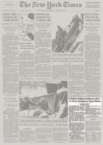 New York Times front page with article about Gallant Eagle 82 jump of 3000 82nd Airborne Division paratroopers on March 30, 1982 at Fort Irwin, California that resulted in 4 deaths and 100 injuries.  Biography of Dr. Anthony J. Carbone.