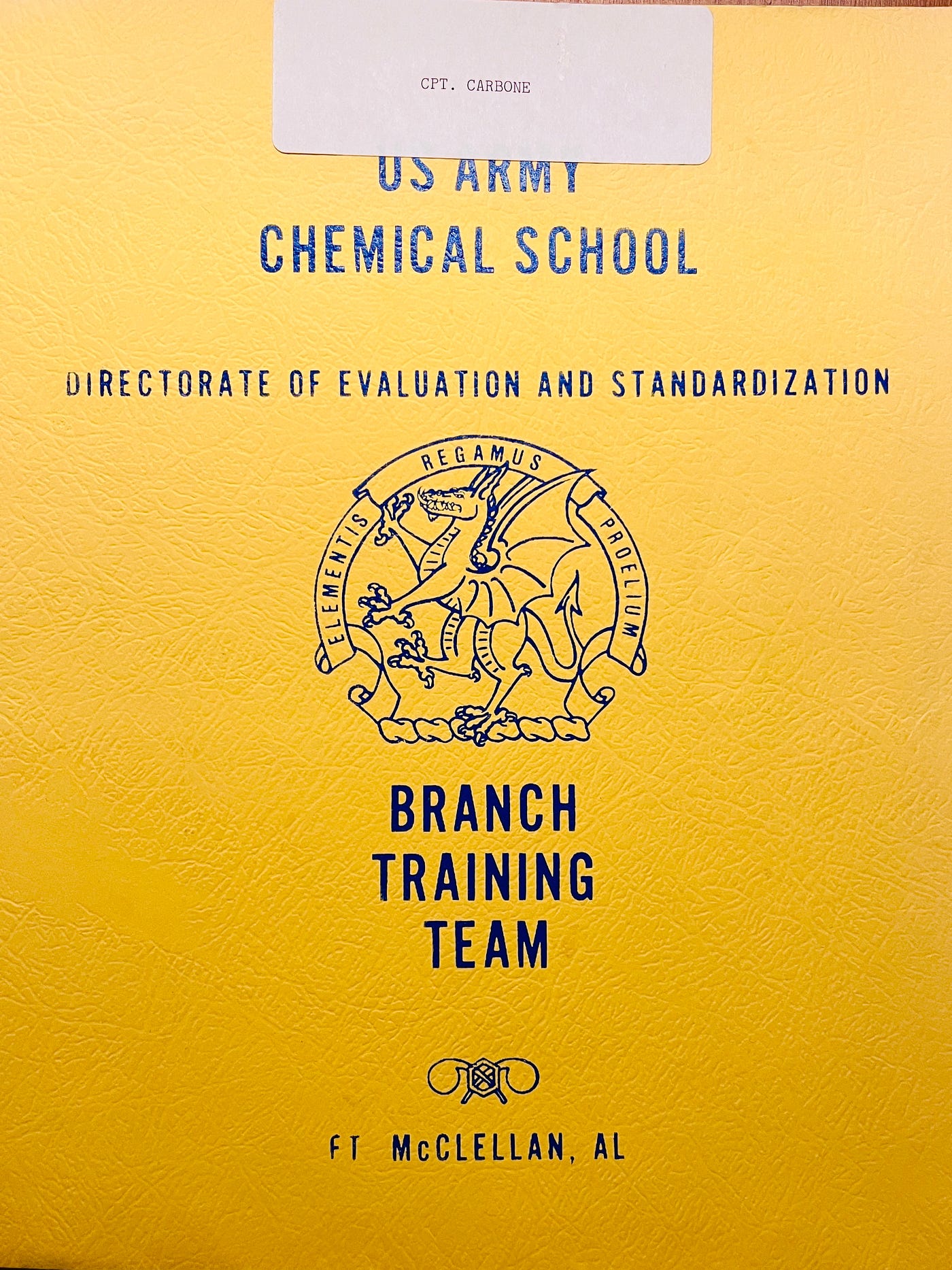 Photograph of my original Welcome Packet to the US Army Chemical School, Directorate of Evaluation & Standardization.  Biography of Dr. Anthony J. Carbone.
