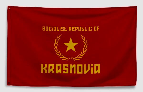 Flag of the Socialist Republic of Krasnovia, the fictional country of the Opposing Forces (OPFOR) at Fort Irwin, California.  Biography of Dr. Anthony J. Carbone.
