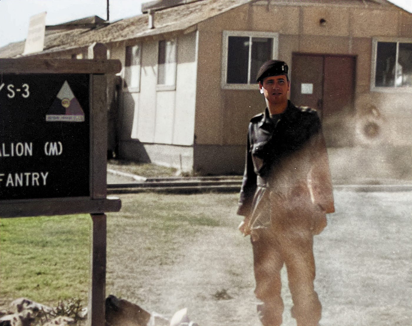 1LT Carbone, Battalion Chemical Officer/Assistant S3, 6–31st Infantry outside S3 Shop. At the National Training Center at Fort Irwin, California.  Wearing OPFOR uniform.