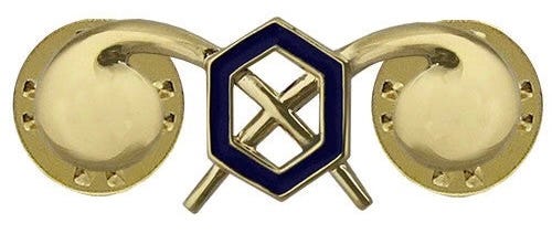 Crossed gold retorts with cobalt blue benzene ring of the Chemical Corps officer insignia.  Biography of Dr. Anthony J. Carbone.