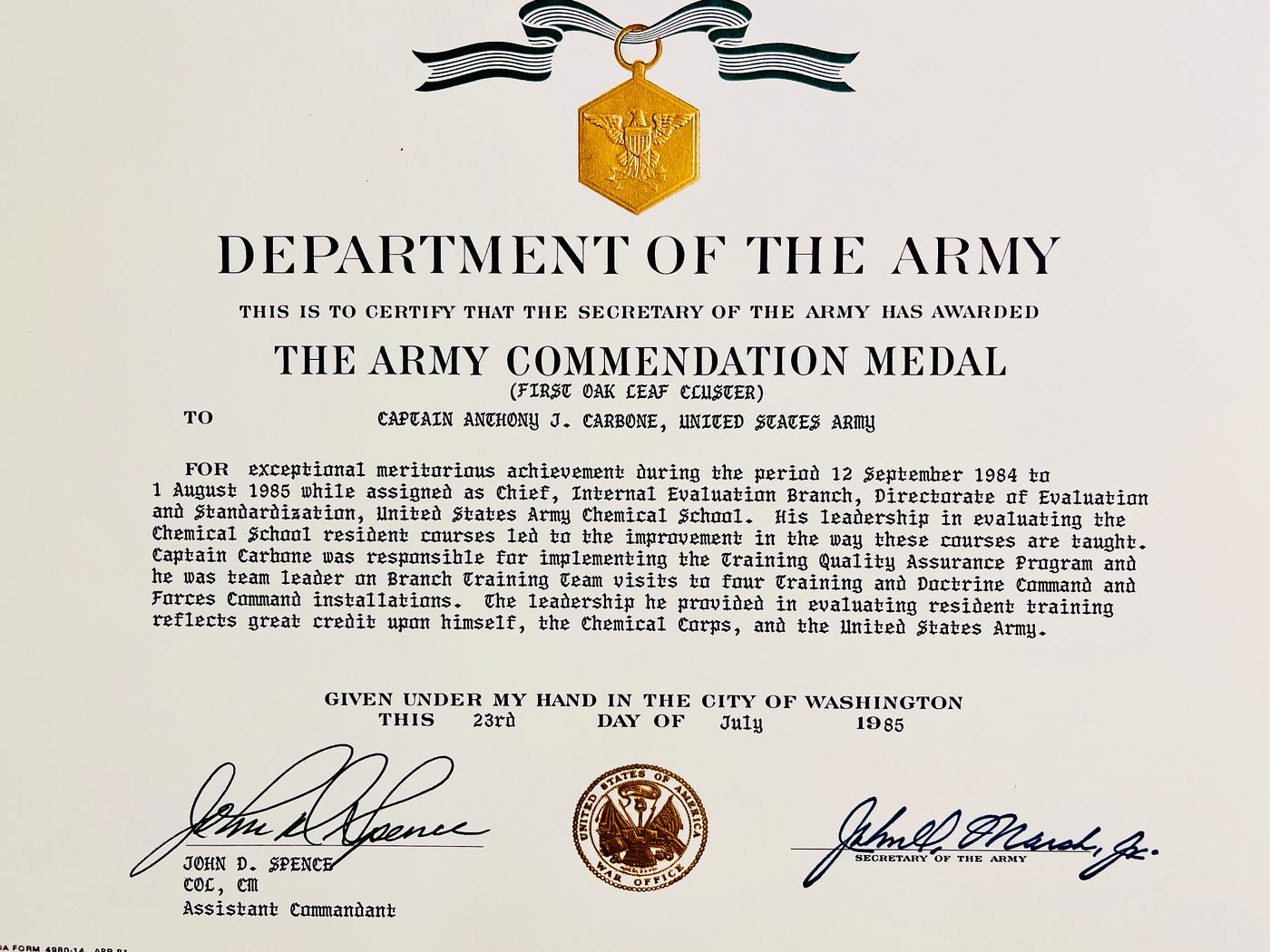 Citation for my Army Commendation Medal with 1st Oak Leaf Cluster upon leaving the U.S. Army Chemical School.
Biography of Dr. Anthony J. Carbone