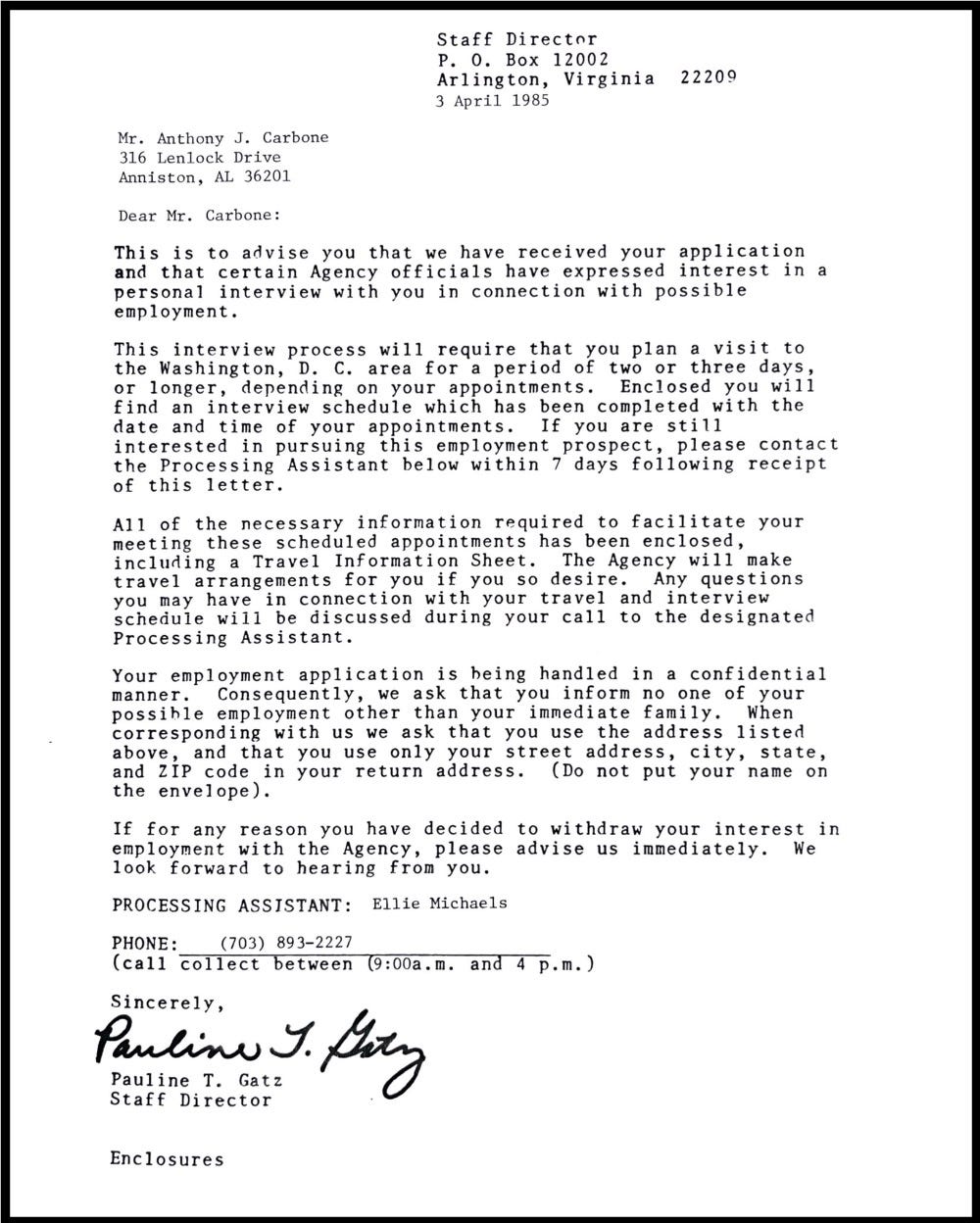 Letter from CIA HR dated 3 April 1985 that included application packet and instructions.
Biography of Dr. Anthony J. Carbone.