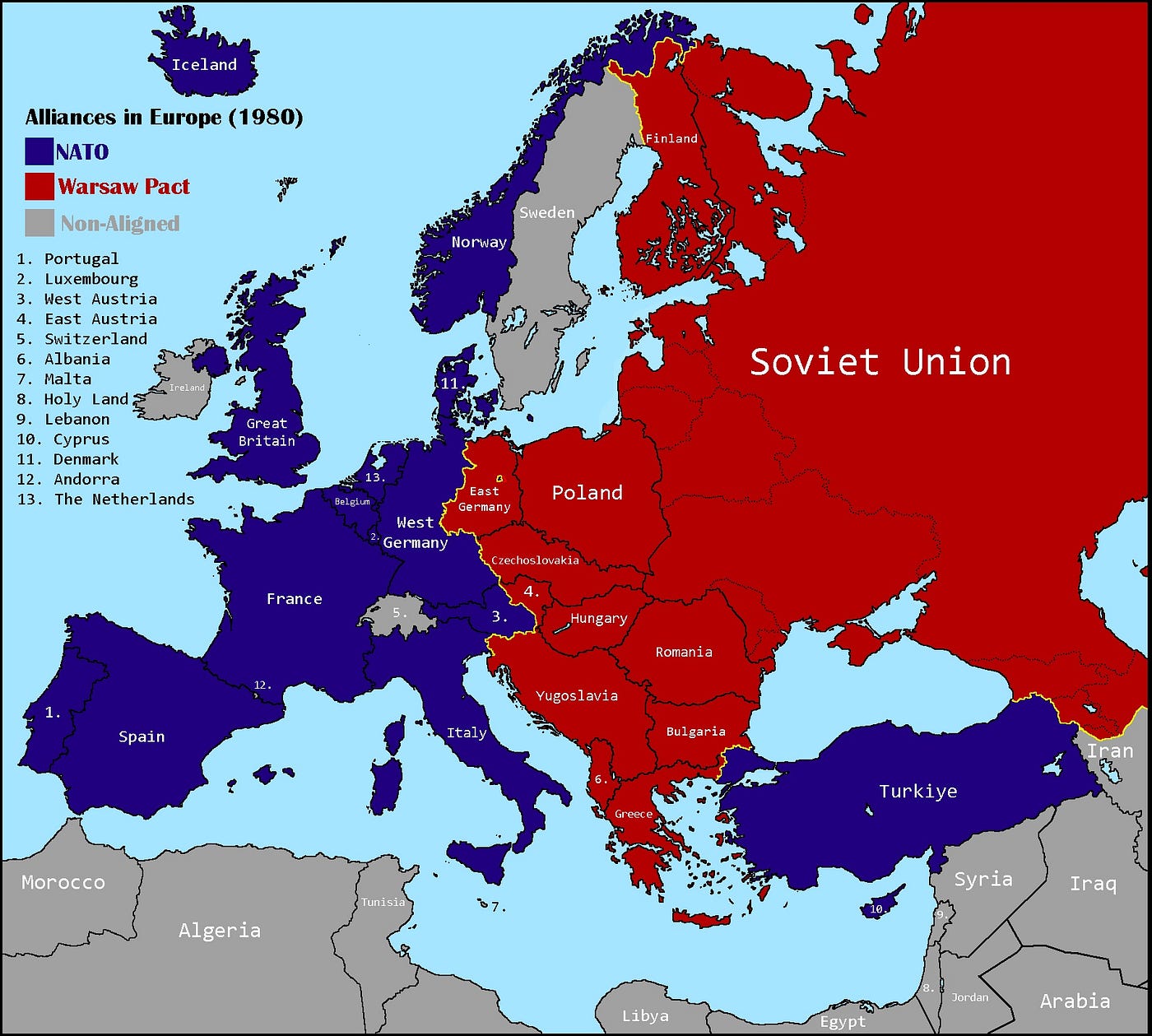 Map of Europe and Asia circa 1985 showing NATO (blue) and Warsaw Pact USSR (red).
Biography of Dr. Anthony J. Carbone
