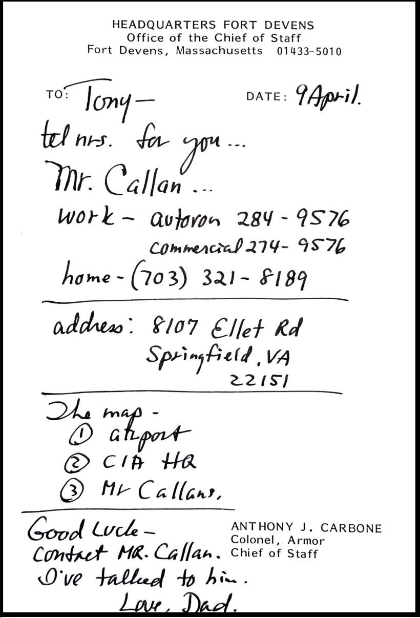 Note from my father regarding my trip to CIA Headquarters.
Biography of Dr. Anthony J. Carbone.