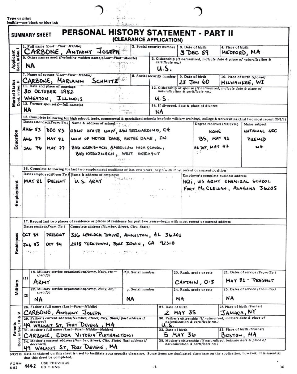 My original Special Form 6–83 Application to the CIA in 1985.
Biography of Dr. Anthony J. Carbone