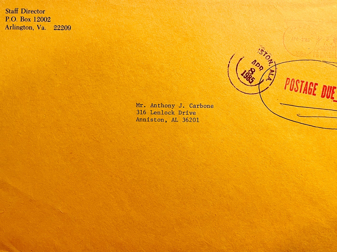First Envelope from CIA Headquarters from a PO Box in Arlington, Virginia.
Biography of Dr. Anthony J. Carbone