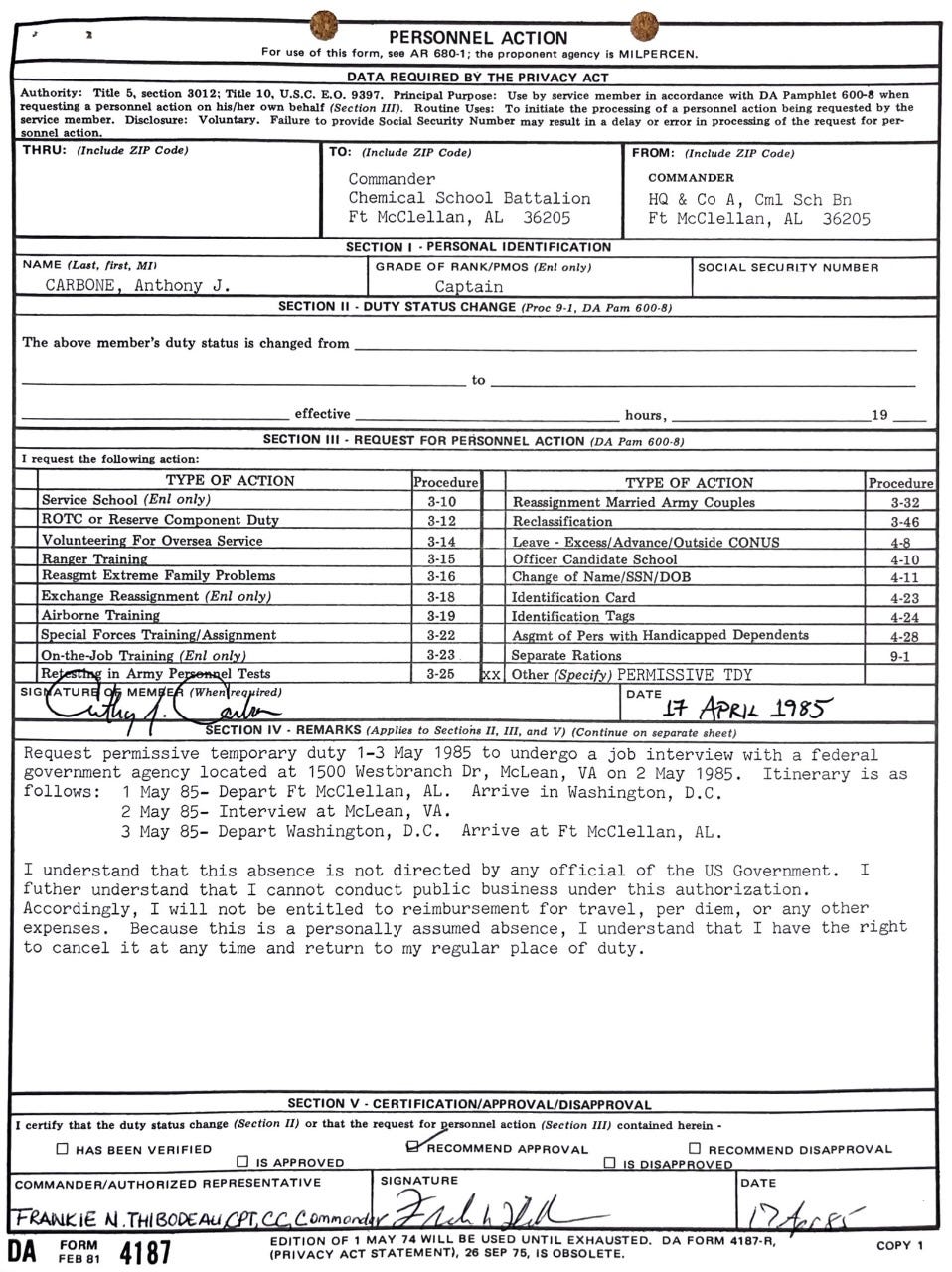 My official DA Travel Orders from Fort McClellan to Langley, Virginia for CIA Interviews.
Biography of Dr. Anthony J. Carbone