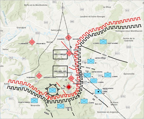 Military map showing battle graphics of Red and Blue forces.  Biography of Dr. Anthony J. Carbone.