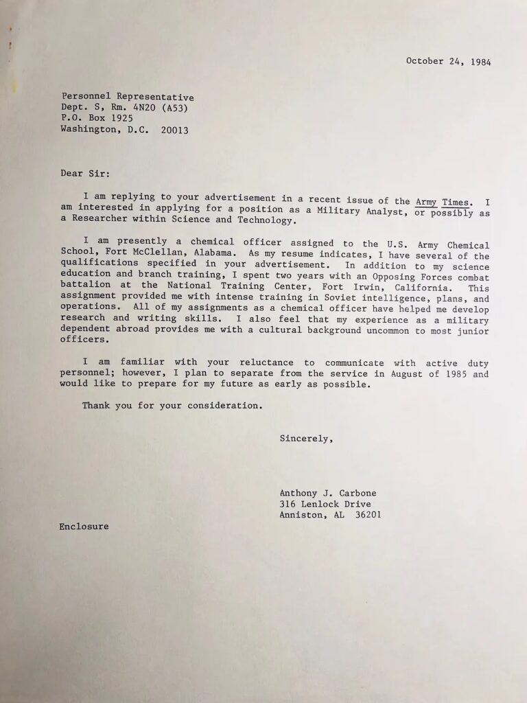 Application letter to the CIA dated October 24, 1984.
Biography of Dr. Anthony J. Carbone.